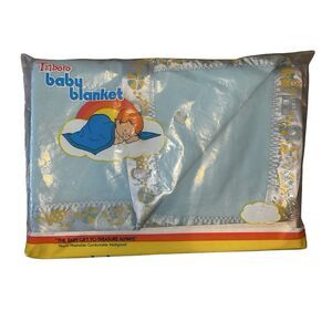Vintage Triboro Acrylic Baby Blanket Blue Blocks Animals 36x45 Satin Trim NEW